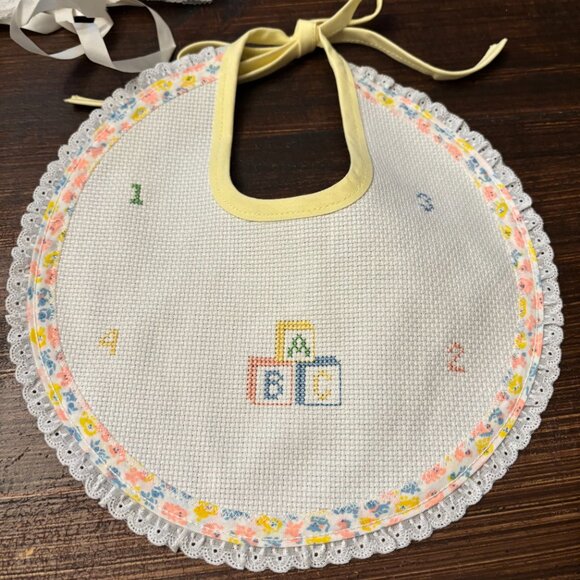 Handmade Cross Stitch Baby Bib ~ Wedding Handkerchief / Bonnet ~ Something Old - Picture 2 of 5